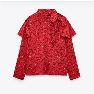 Zara Red Heart Blouse with Tie Neck NWT